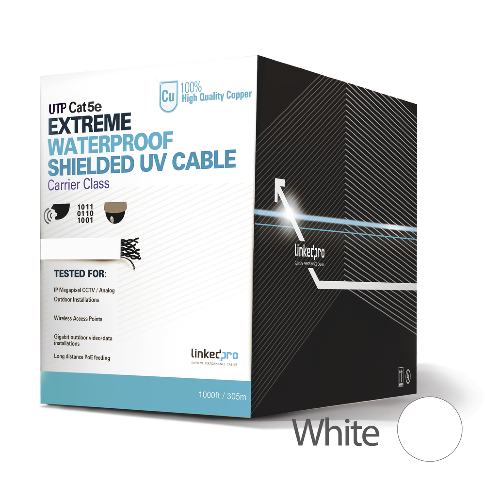 Bobina de cable de 305 m, Cat5e, para intemperie, sin blindar, color blanco, UL, para aplicaciones en CCTV, redes de datos. Bobina de cable de 305 m, Cat5e, para intemperie, sin blindar, color blanco, UL, para aplicaciones en CCTV, redes de datos.